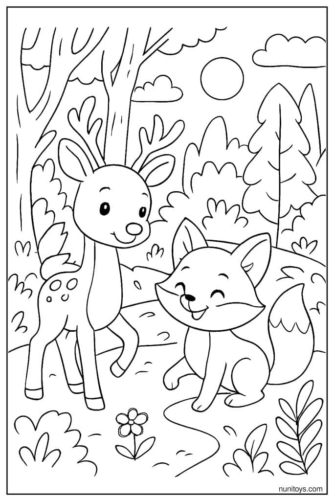 Deer and Fox Smiling Together in Sunny Forest
