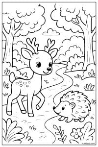 Deer Meeting Hedgehog Near Forest Path Coloring Page