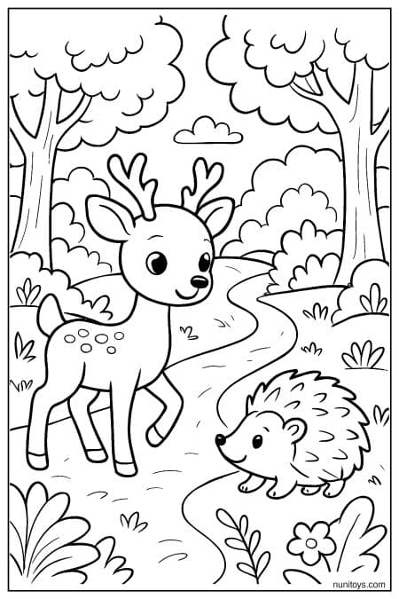 Deer Meeting Hedgehog Near Forest Path Coloring Page