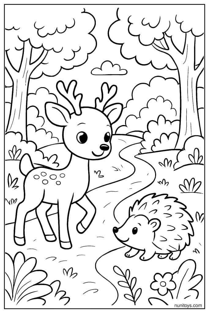 Deer Meeting Hedgehog Near Forest Path Coloring Page
