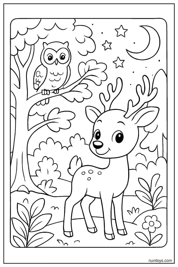 Deer Under Moonlight with Owl in Forest Coloring Page