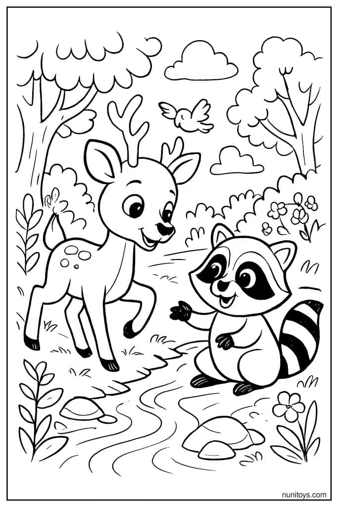 Deer Meeting Raccoon by Forest Stream Coloring Page