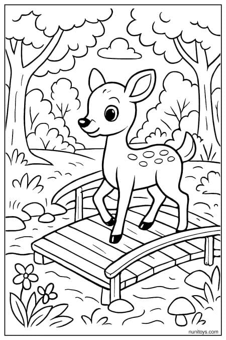 Deer Crossing a Wooden Bridge Coloring Page