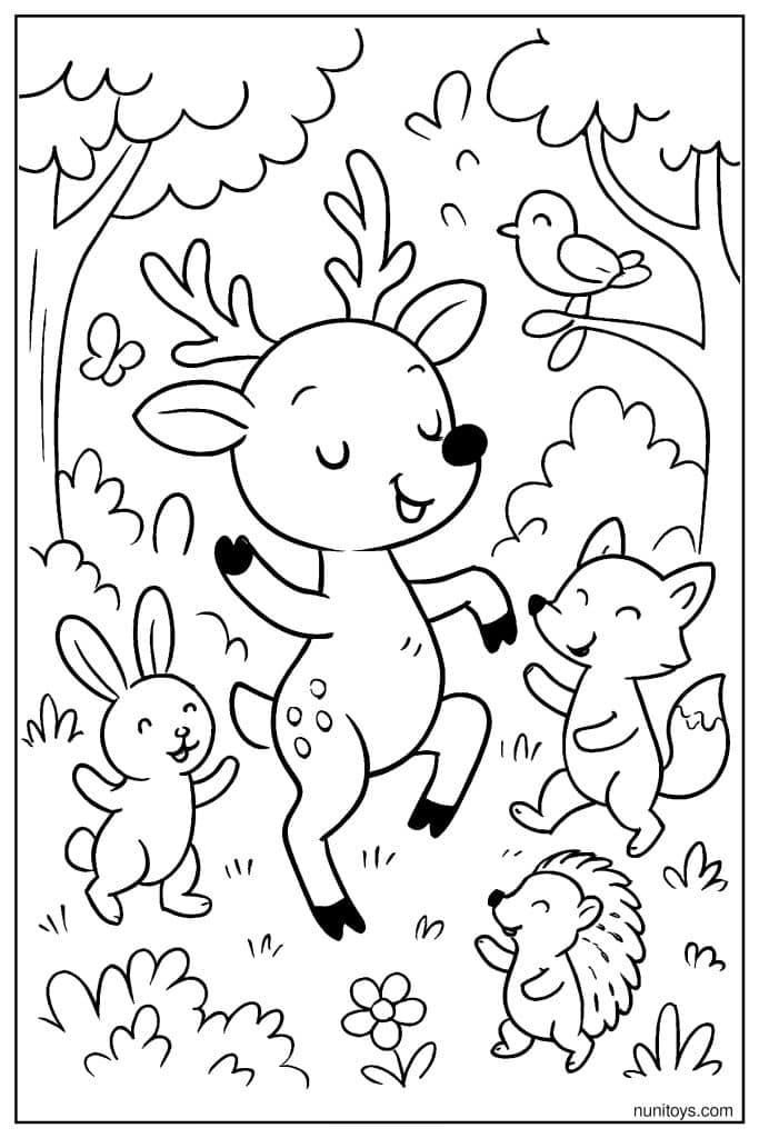 Happy Deer Dancing with Forest Friends Coloring Sheet