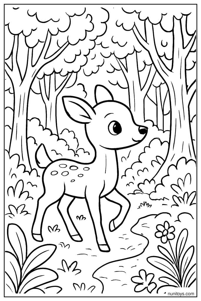 Curious Deer Exploring a Forest Path Coloring Page