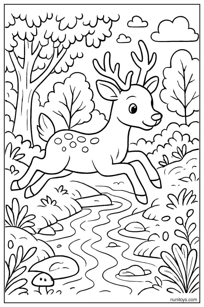 Deer Running Along a Winding Forest Stream