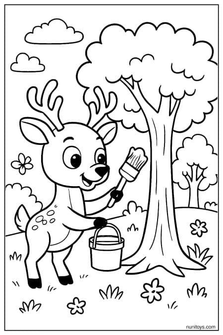 Deer Painting Tree Trunk with Brush Coloring Sheet