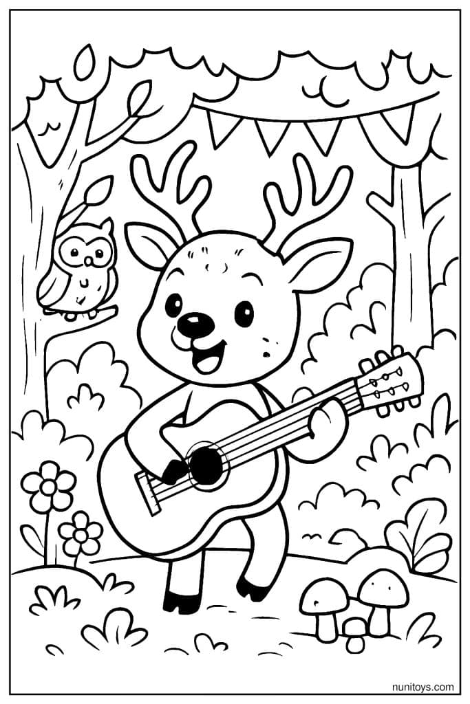 Deer Playing Guitar in Forest with Owl Coloring Page