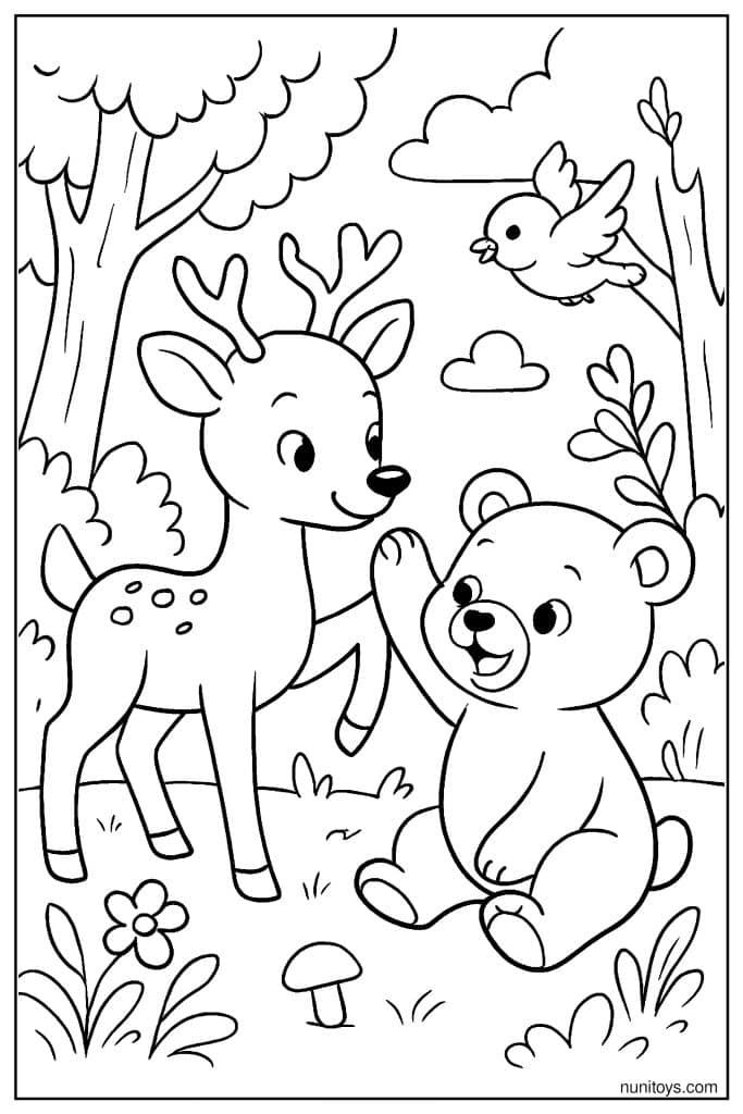 Deer and Bear Sharing Food in Forest Coloring Sheet