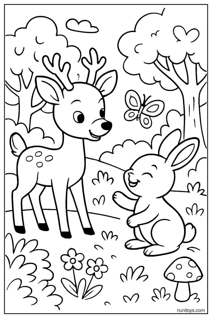 Deer Meeting Bunny in Forest Clearing Coloring Page