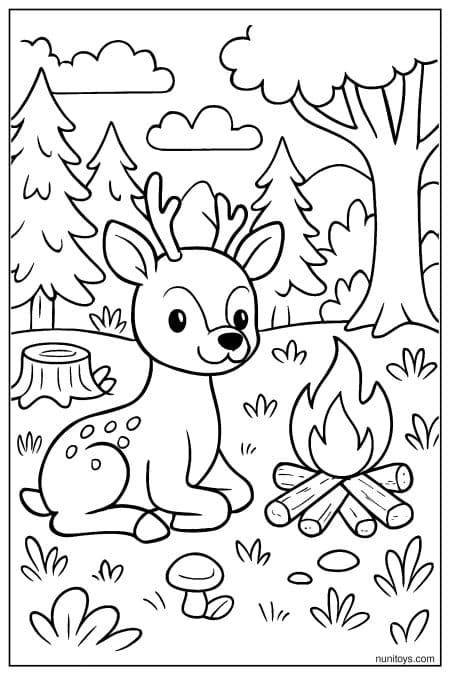 Deer Resting Near Campfire in Forest Adventure Coloring Page