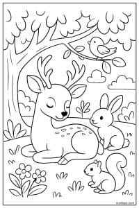 Deer Resting with Bunny and Squirrel in Forest