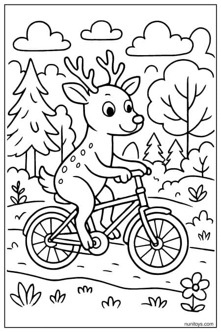 Deer Riding a Bicycle Through Forest Path Coloring Page