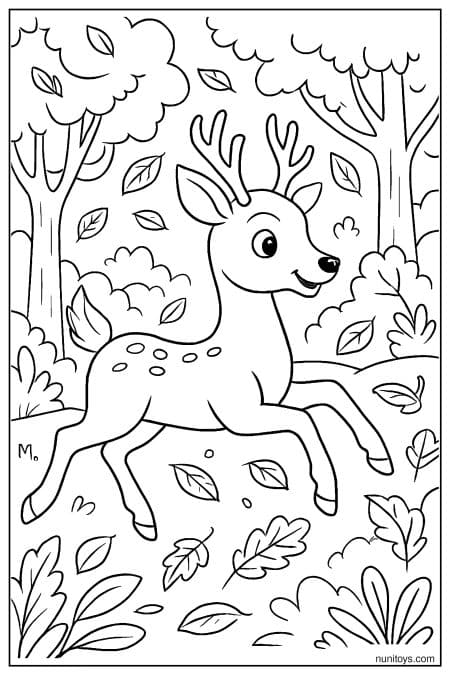 Playful Deer Leaping Through a Forest Scene Coloring Page