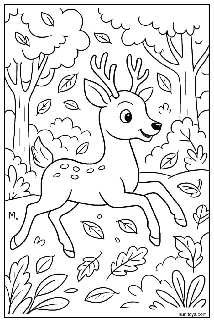 Playful Deer Leaping Through a Forest Scene Coloring Page