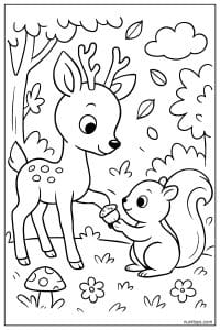 Deer Sharing Acorn with Squirrel Coloring Sheet