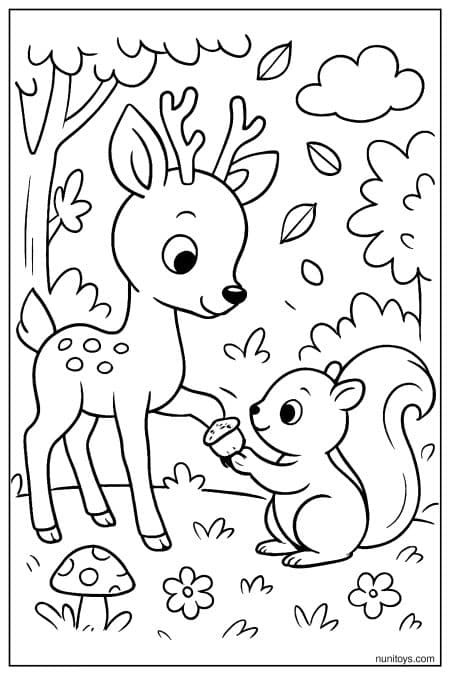 Deer Sharing Acorn with Squirrel Coloring Sheet