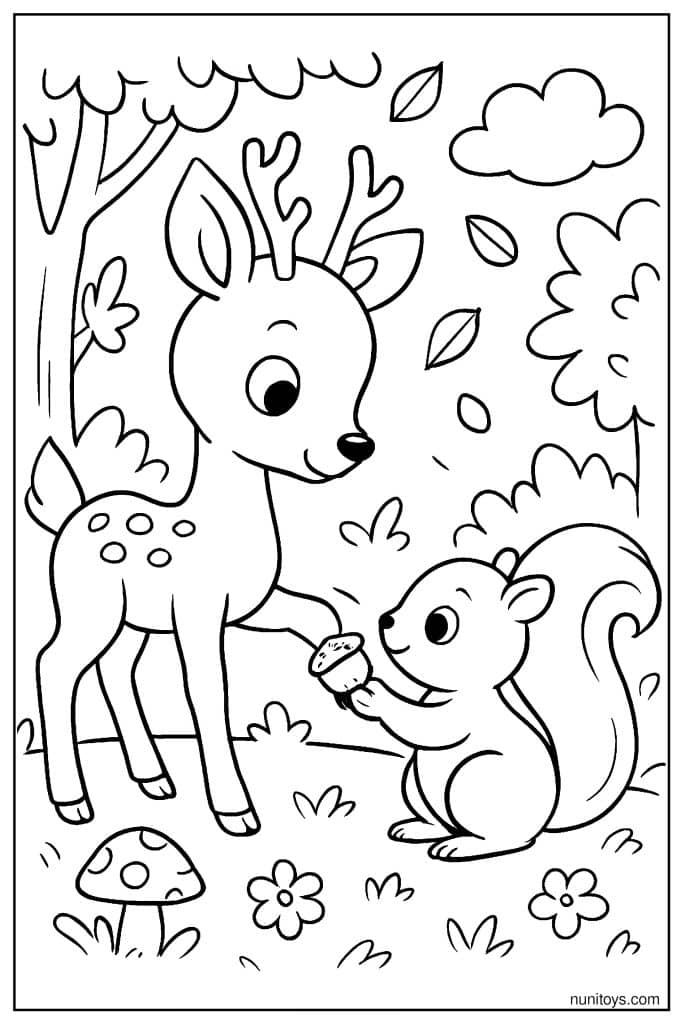 Deer Sharing Acorn with Squirrel Coloring Sheet