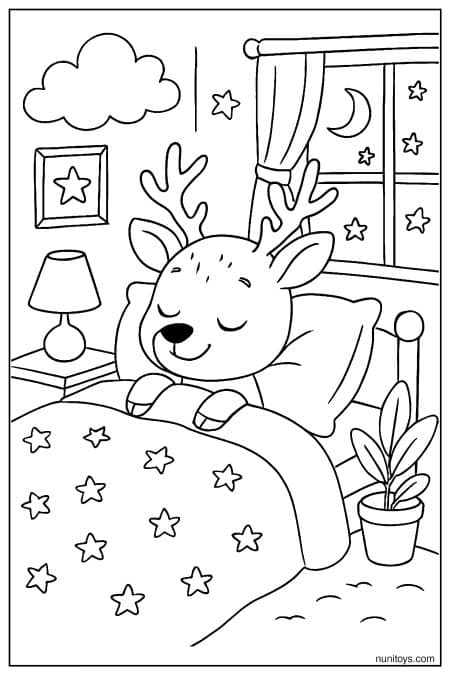 Sleepy Deer Resting in Cozy Bedroom at Night Coloring Page