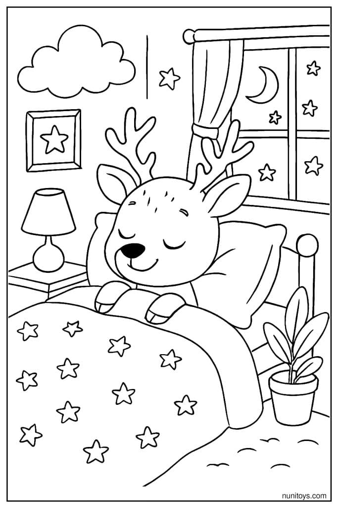 Sleepy Deer Resting in Cozy Bedroom at Night Coloring Page