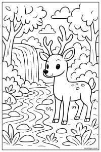 Deer Standing Near a Forest Waterfall Coloring Page