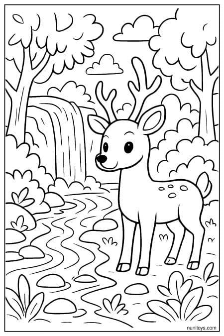 Deer Standing Near a Forest Waterfall Coloring Page