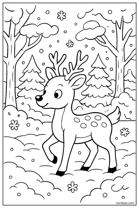 Gentle Deer Walking Through a Snowy Forest Coloring Page