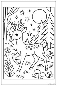 דף צביעה של אייל הולך ביער בלילה עם כוכבים וירח