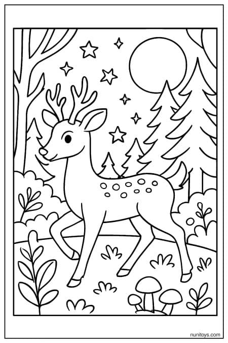 דף צביעה של אייל הולך ביער בלילה עם כוכבים וירח