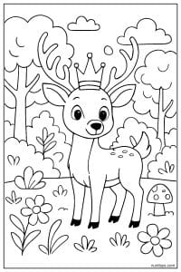 Deer Wearing Crown in Flower Garden Coloring Page