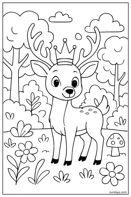 Deer Wearing Crown in Flower Garden Coloring Page