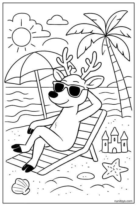 Deer Relaxing on Beach Chair with Sunglasses Coloring Page