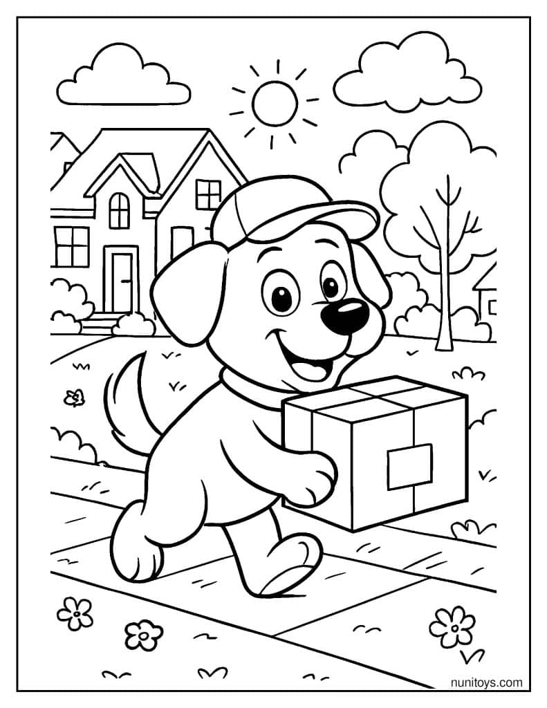 דף צביעה של כלב שליח חמוד נושא חבילה בשכונה