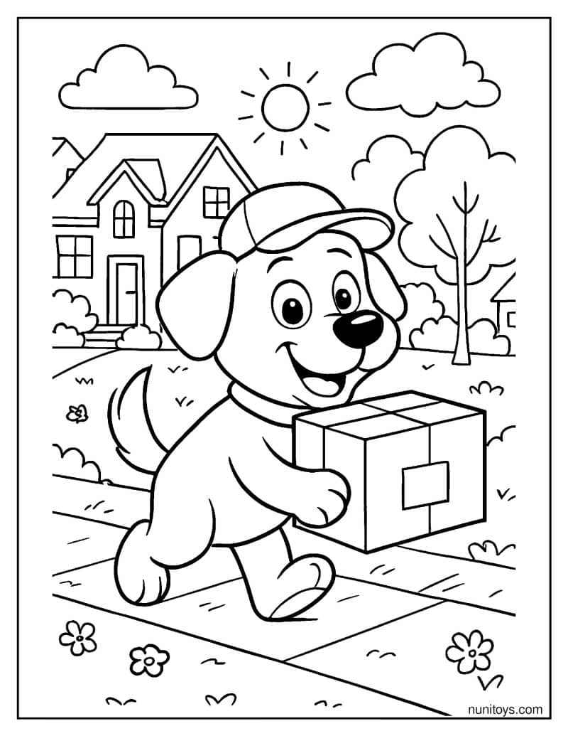 דף צביעה של כלב שליח חמוד נושא חבילה בשכונה