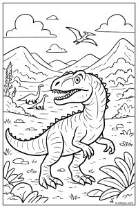 Allosaurus Observing Distant Dinosaurs in a Wide Open Valley Coloring Page