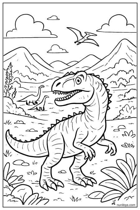 Allosaurus stands in open valley with mountains and flying dinosaur Coloring Page