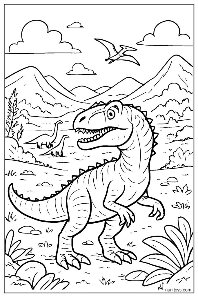 Allosaurus Observing Distant Dinosaurs in a Wide Open Valley Coloring Page