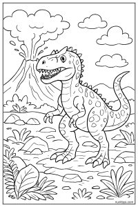 Detailed Allosaurus on Rocky Terrain Near a Volcanic Eruption Coloring Page