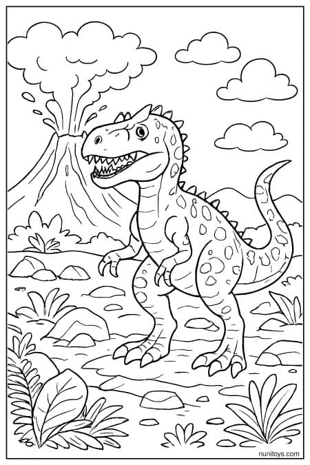 Allosaurus stands near erupting volcano in rocky landscape Coloring Page