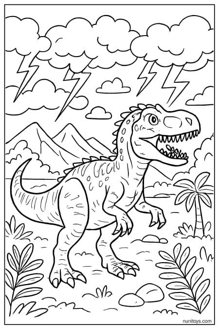 Allosaurus roars under stormy sky with lightning and mountains Coloring Sheet