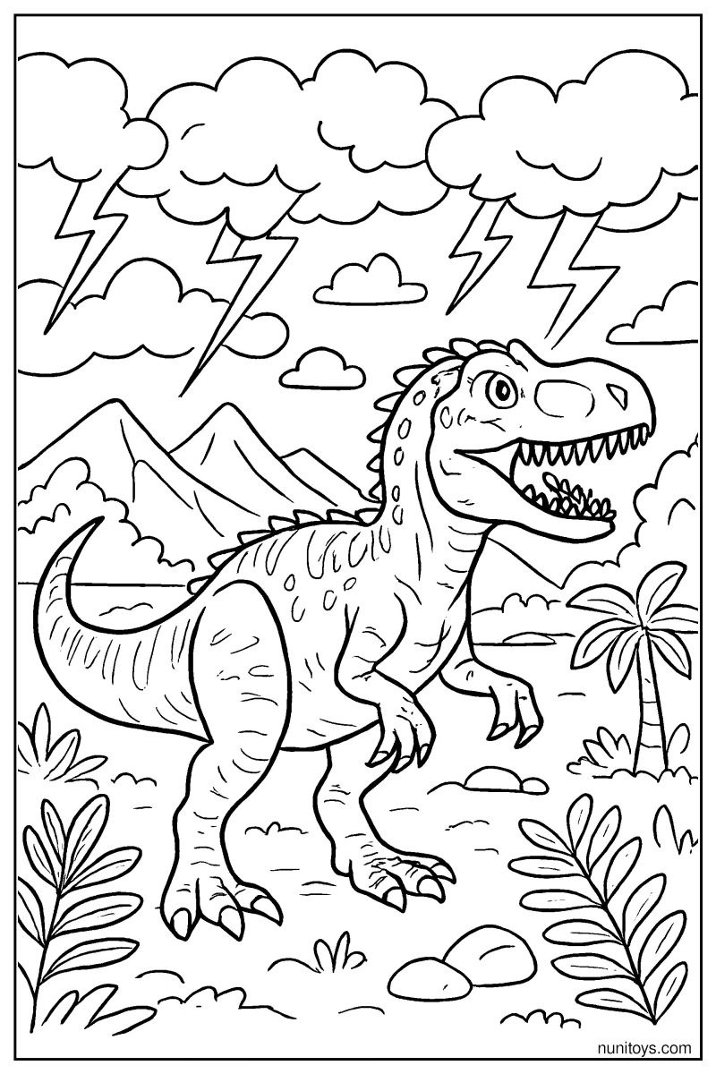 Detailed Allosaurus under Stormy Skies Coloring Page