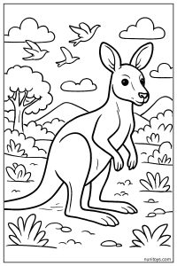 Alert Kangaroo in Wild Landscape Coloring Page
