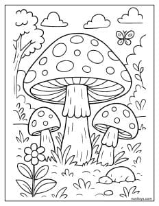Spotted Forest Mushrooms Surrounded by Flowers Coloring Page