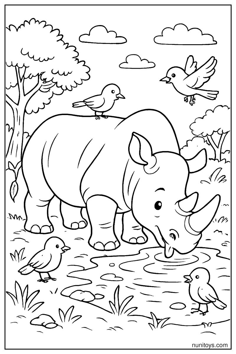 Detailed Rhino Drinking at a Muddy Watering Hole Surrounded by Birds Coloring Page
