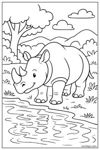 Detailed Rhino by the Riverbank with Reflections Coloring Page