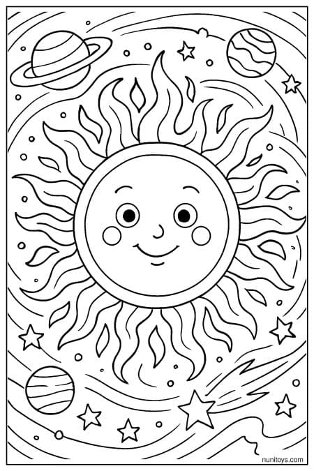 Detailed Sun with Flames and Energy Waves Coloring Page