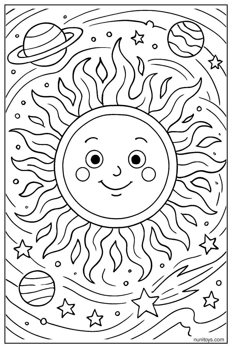 Detailed Sun with Flames and Energy Waves Coloring Page