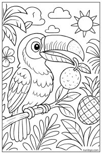 Detailed Toucan Eating Tropical Fruit Coloring Page