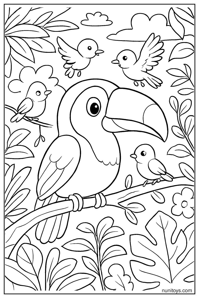 Detailed Toucan Interacting with Other Birds in Rainforest Coloring Page