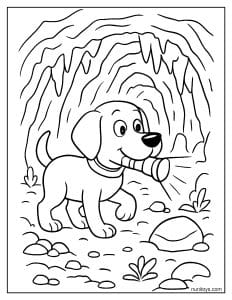 דף צביעה של כלב חוקר מערה עם פנס